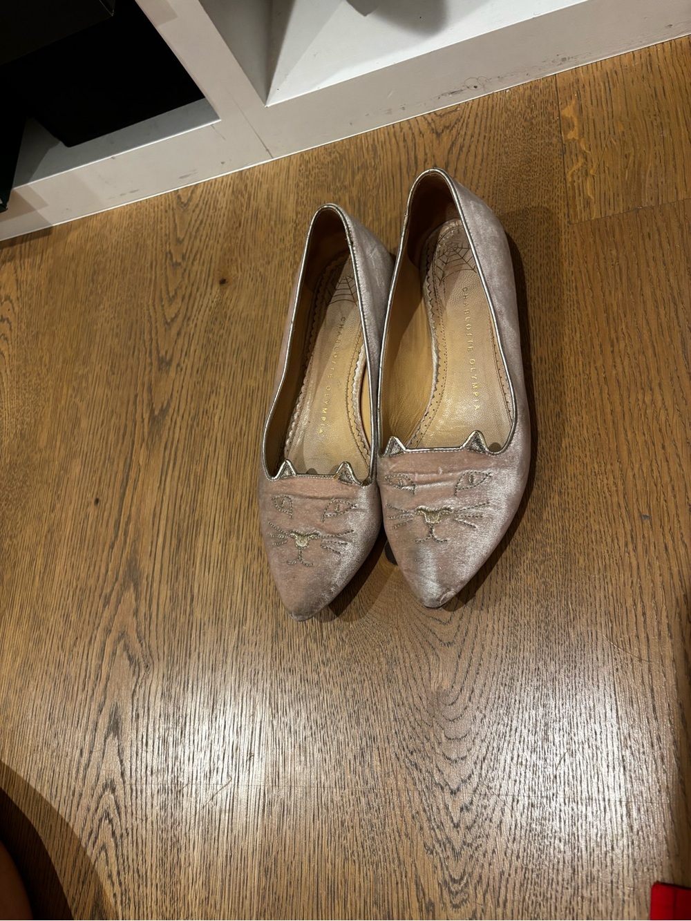 Charlotte Olympia Metallic Blush Pink Pointed Cat-Appliqué Flats